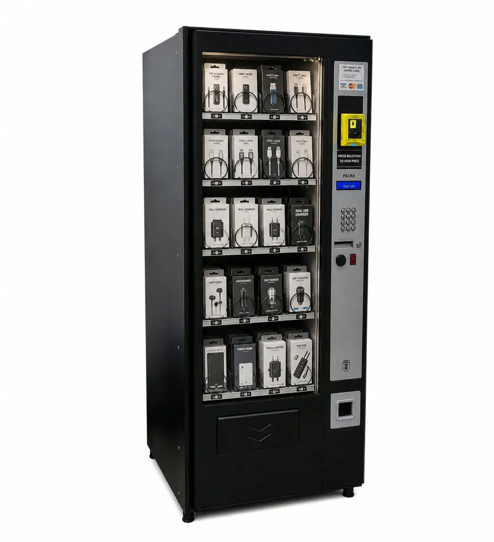 A vending machine reconfigured to dispense electronics and accessories