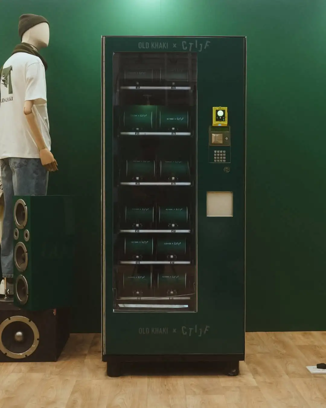A vending machine fully wrapped in Old Khaki branding