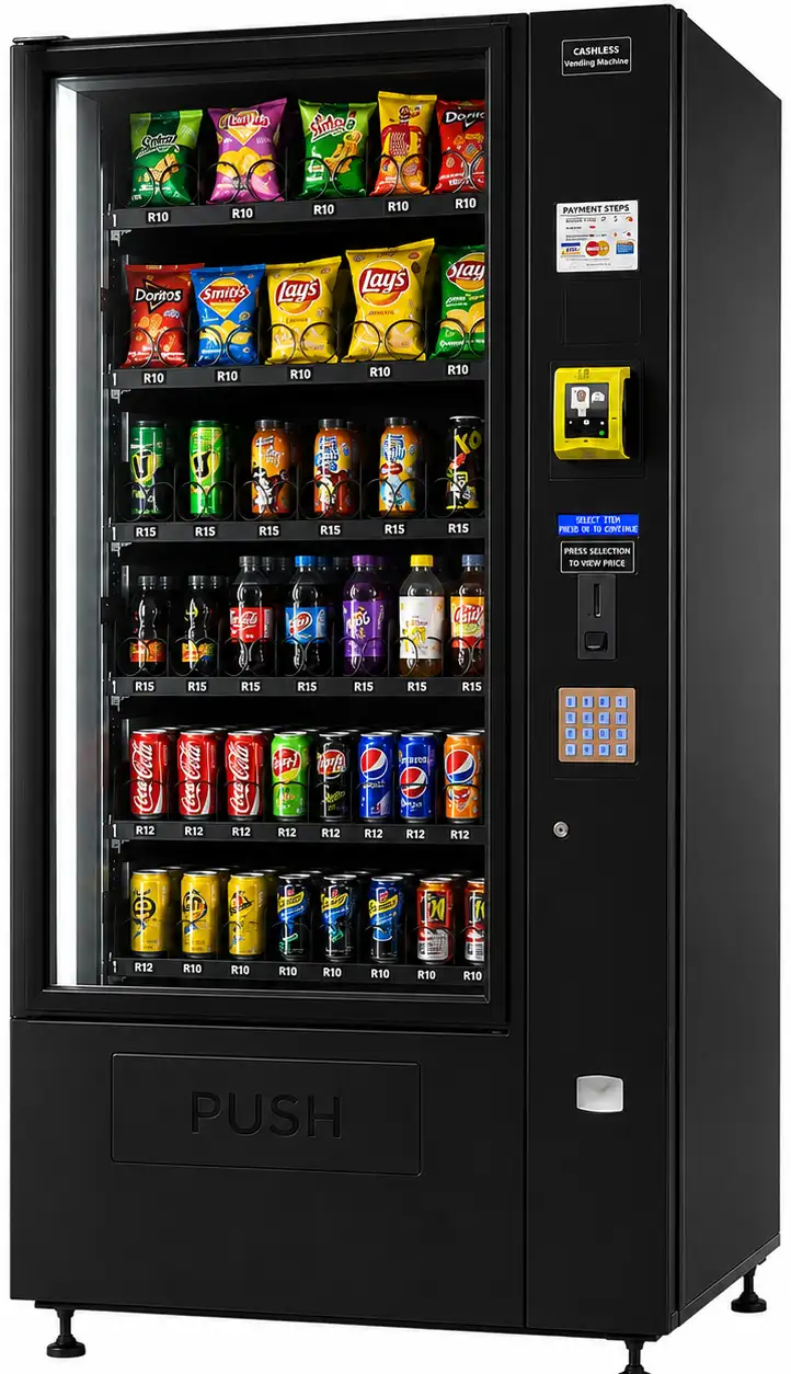 CV1000 combo vending machine, front view, stocked with snacks and cold drinks