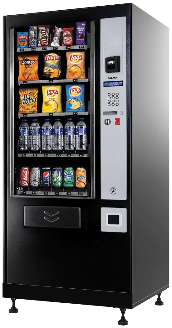 Palma Hz70 combo vending machine, front view, stocked with snacks and cold drinks