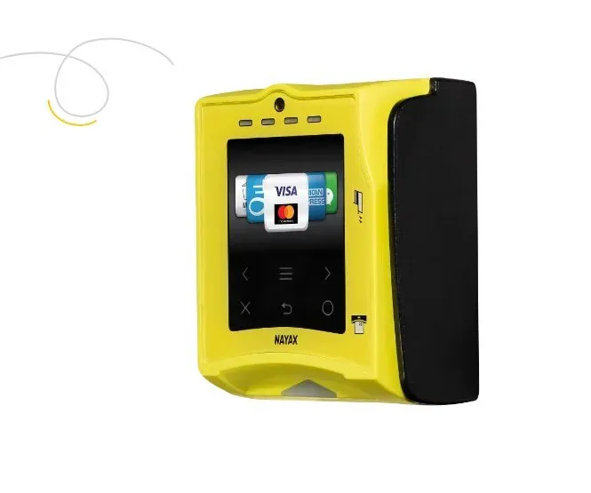 A Nayax VPOS Touch cashless card reader, showing contactless card logos on its screen
