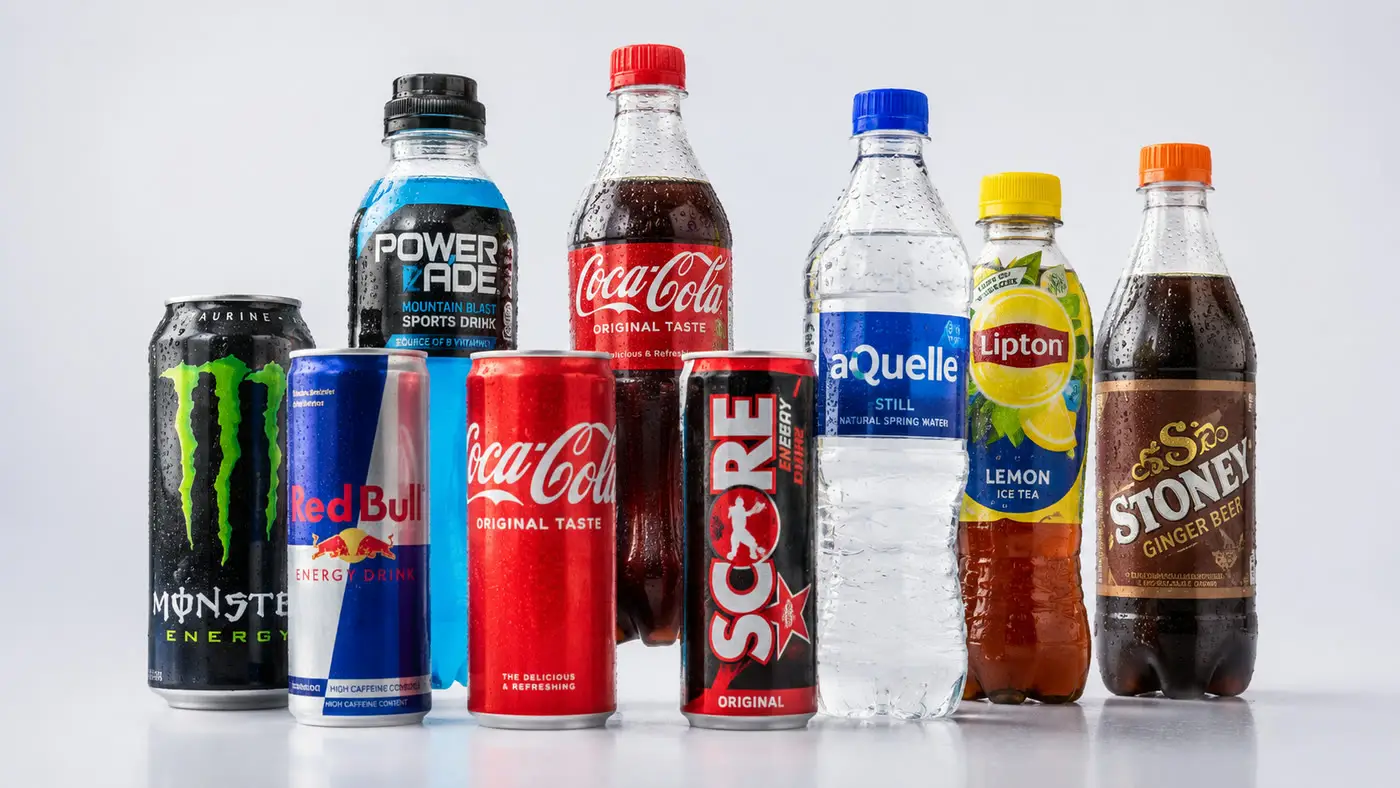 A group of cold drinks — cola, energy drinks, still and sparkling water, iced tea and sports drinks