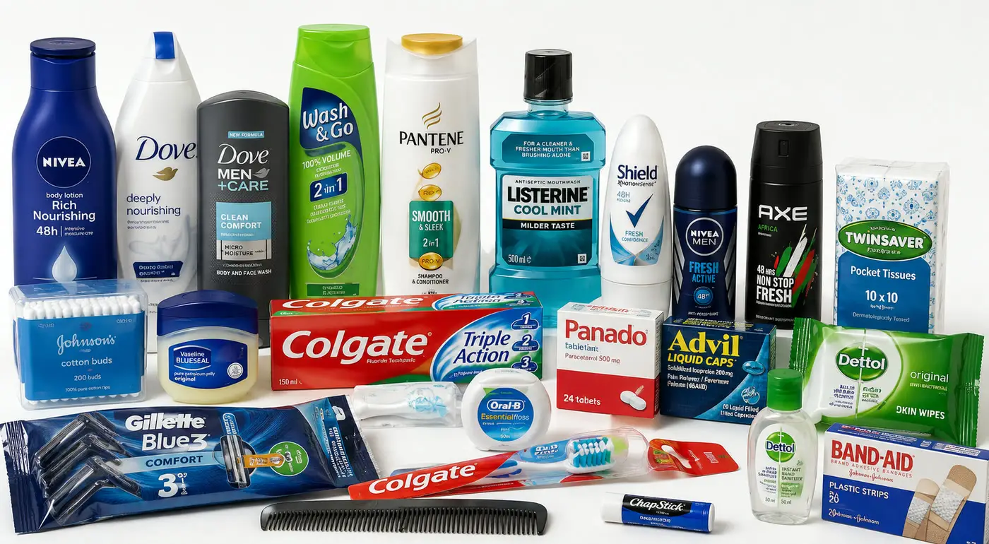 Toiletries and personal-care essentials — toothpaste, deodorant, plasters, painkillers and hygiene products