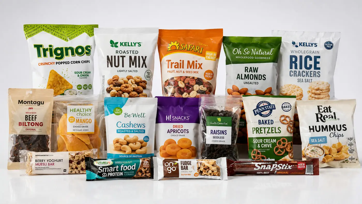 Biltong, nuts, trail mix, dried fruit, rice cakes and protein bars grouped together