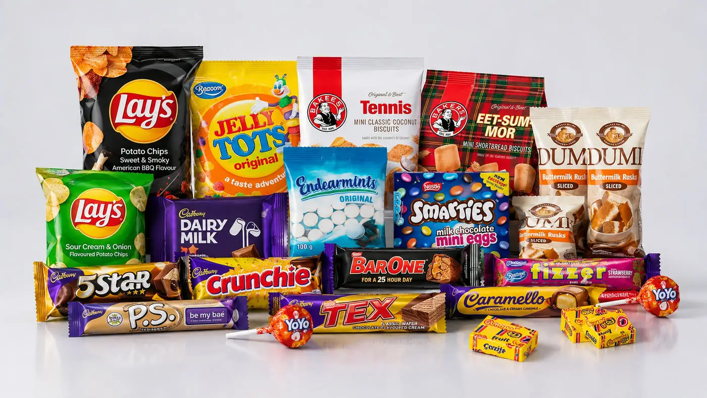 Chips, chocolate bars, sweets and biscuits grouped together