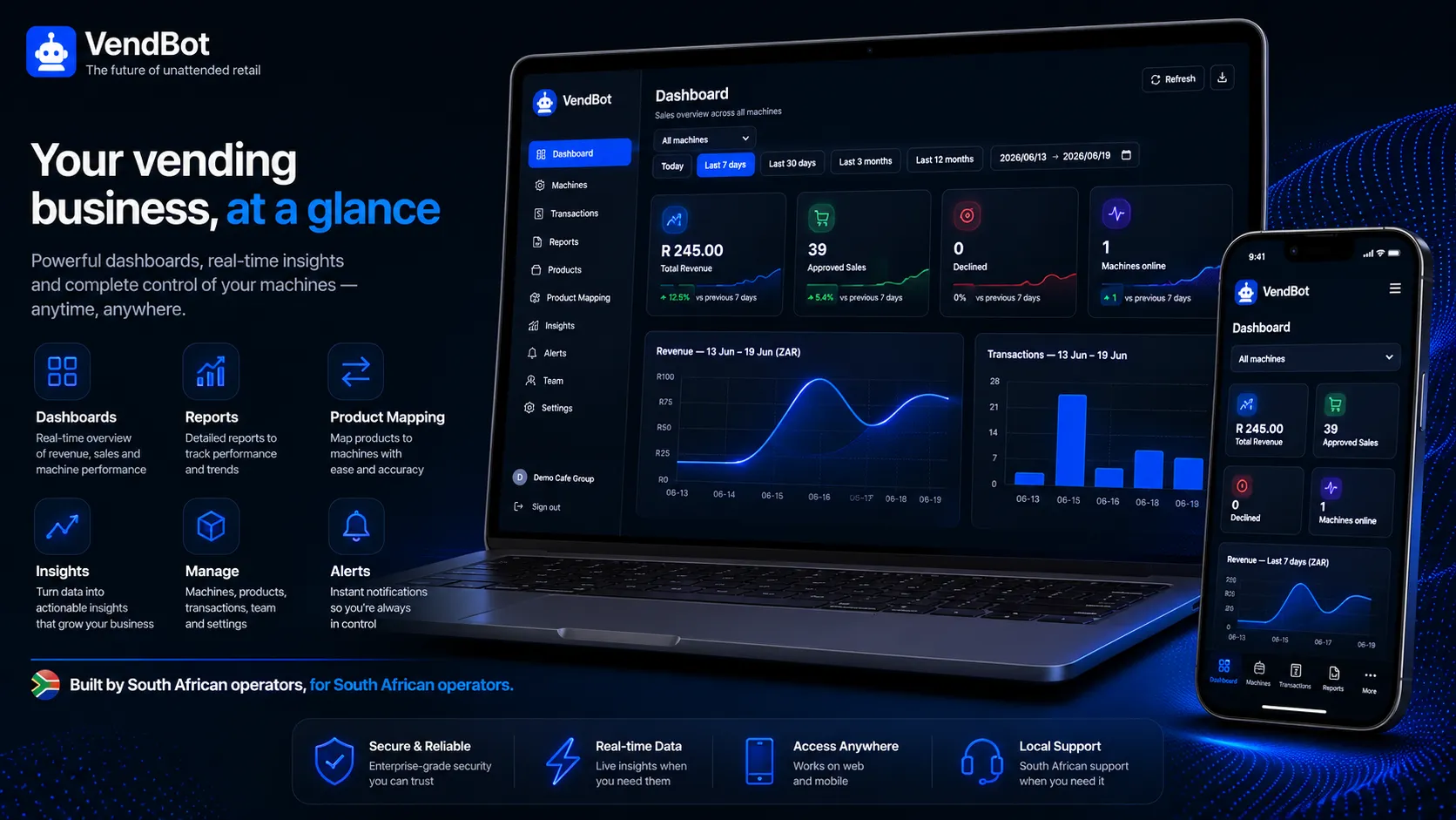The VendBot portal dashboard showing sales, stock and machine status at a glance