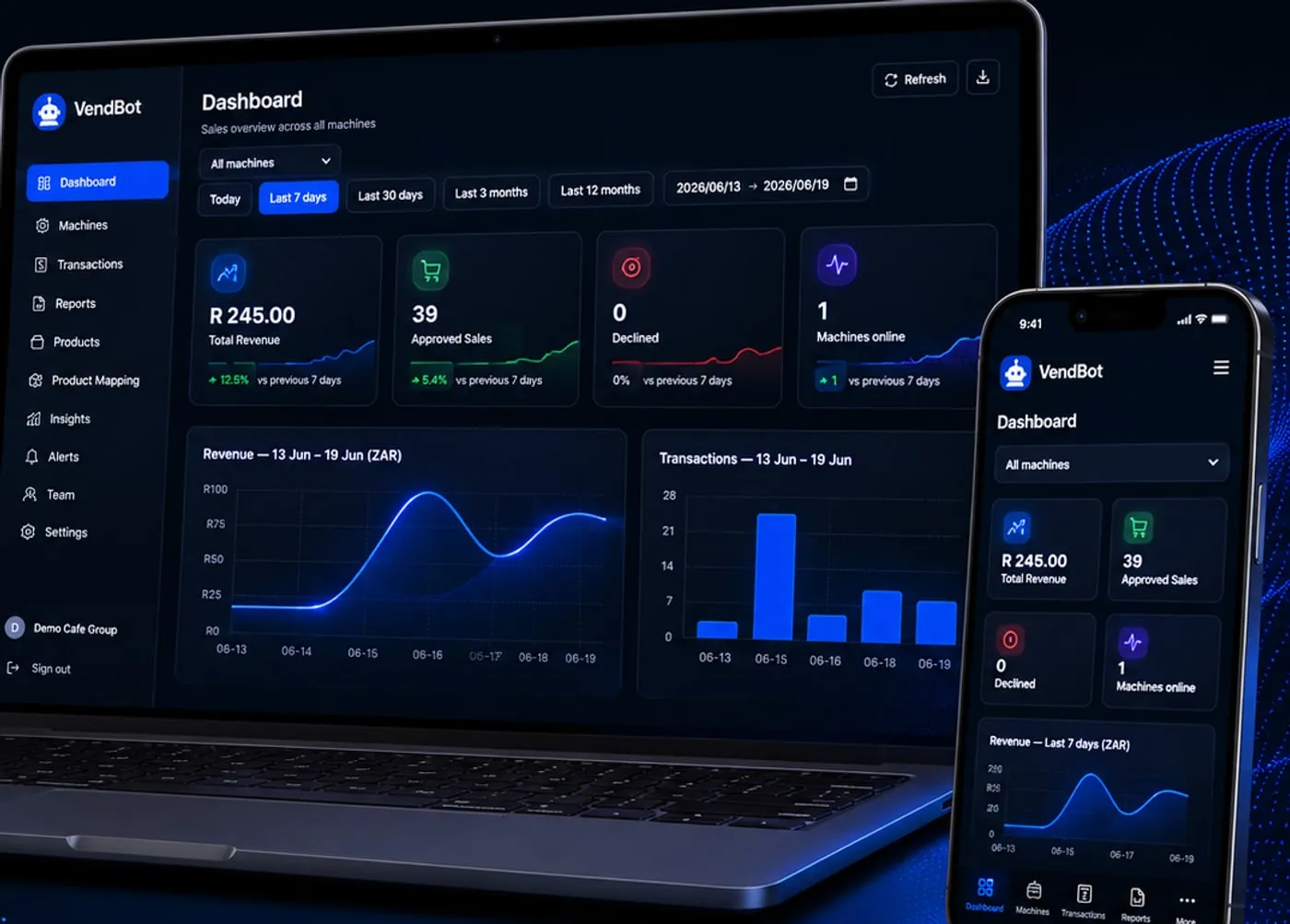 The VendBot portal on a laptop and the same dashboard on a phone, showing revenue, approved sales and machines online